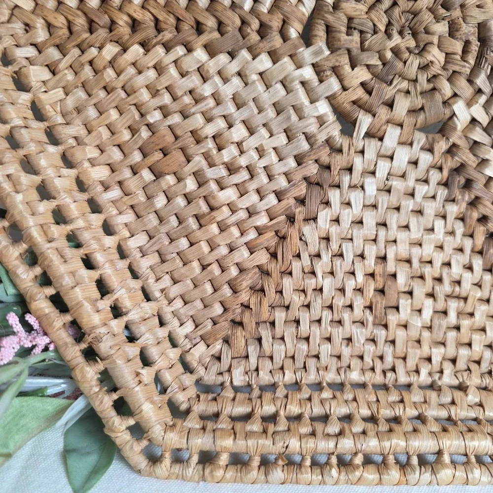Vintage Hexagonal Handwoven Wicker Wall Basket Tray Natural Fiber Sunburst Boho